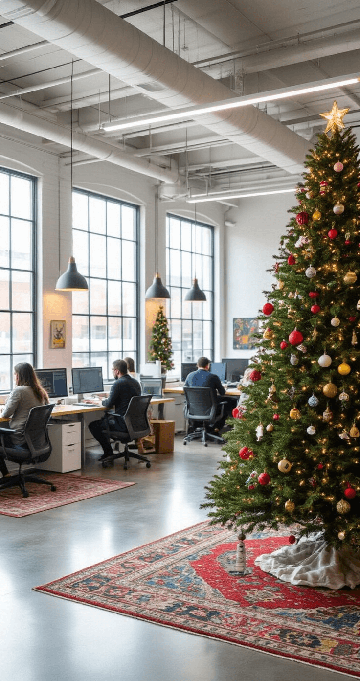 A modern office workspace with a large 7-foot Christmas tree in the corner, adorned with diverse ornaments reflecting team members' personalities. The open layout includes polished concrete floors, colorful rugs, and exposed white ductwork. Natural light streams through industrial windows, with pendant lighting added for ambiance. A diverse group of professionals can be seen collaborating nearby, showcasing unity and an inclusive holiday spirit.