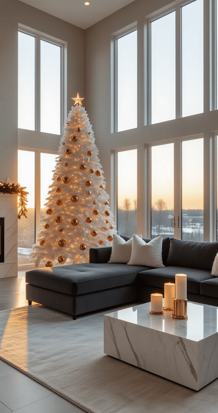 Christmas Home Decor That Actually Works (No Pinterest Fails Here) Wide-angle view of a modern living room at golden hour, featuring a white Christmas tree with copper ornaments, a charcoal sectional sofa with cream holiday pillows, and a marble coffee table with candles. Soft lighting from string lights enhances the serene, elegant atmosphere against dove gray walls.