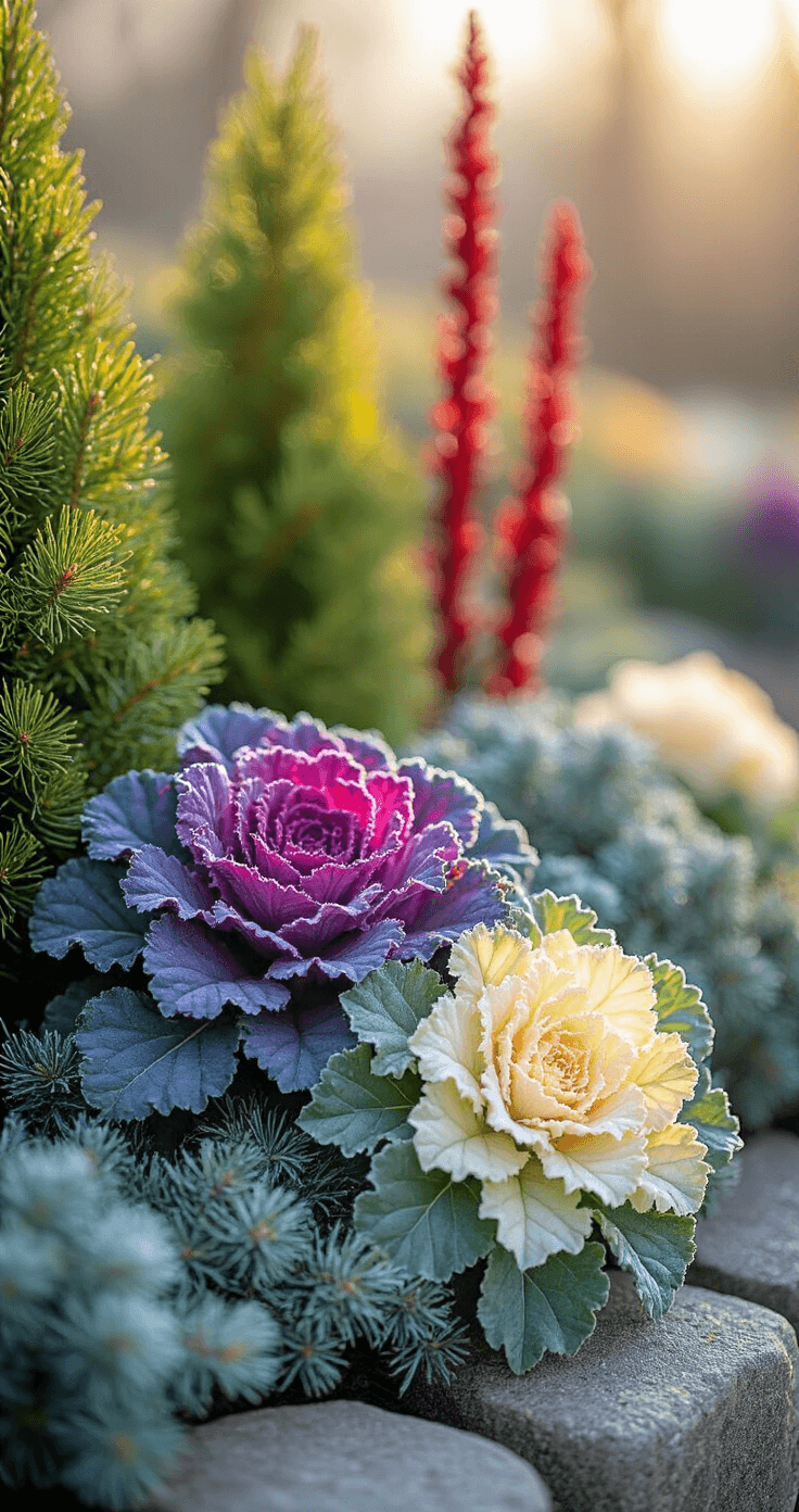 Winter Planters: Create Stunning Outdoor Displays That Thrive in Cold Weather Close-up view of a winter container garden featuring frost-kissed ornamental kale with purple and cream variegation, alongside lemon cypress branches and red dogwood stems, all captured in soft morning light with a shallow depth of field.