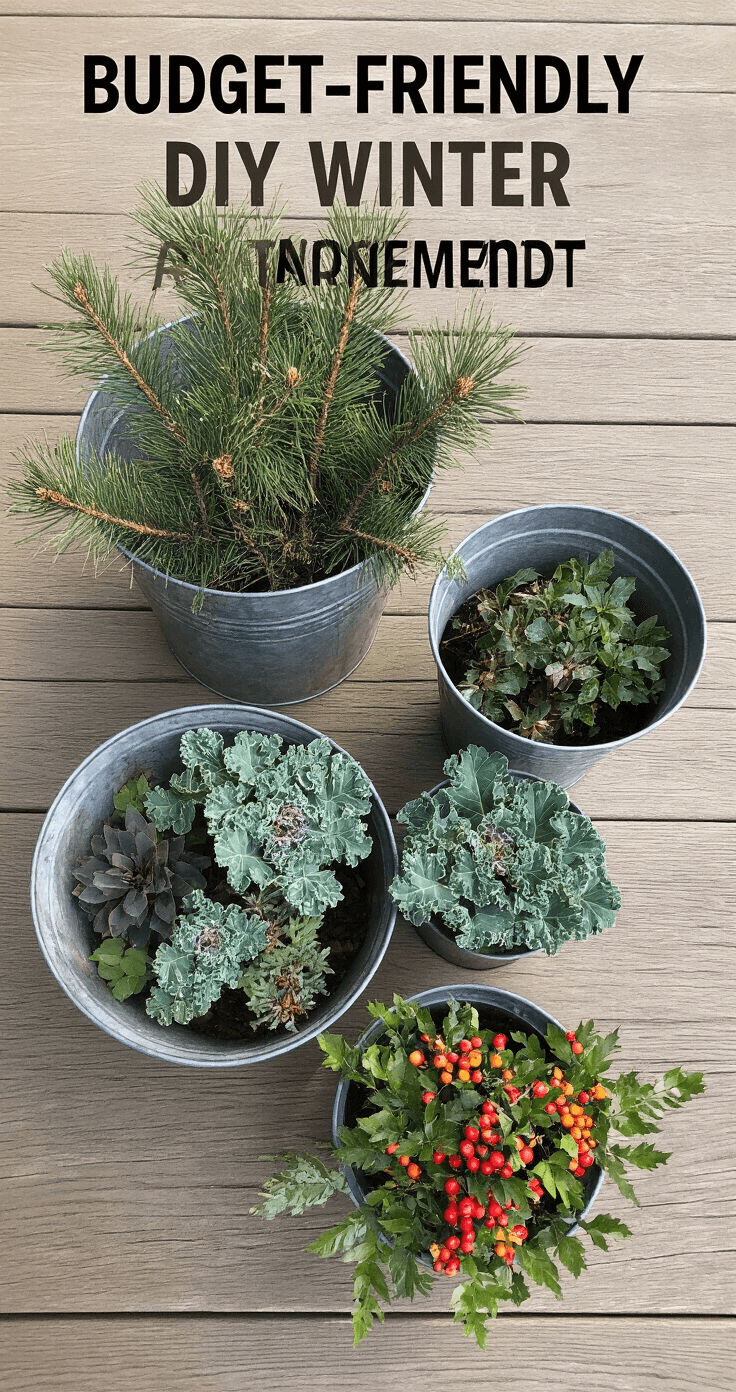 Winter Planters: Create Stunning Outdoor Displays That Thrive in Cold Weather Overhead view of a budget-friendly DIY winter planter arrangement on a rustic wooden deck, featuring mixed-material containers filled with pine branches, ornamental kale, and winterberry, with bright overcast lighting for a tutorial-style presentation.