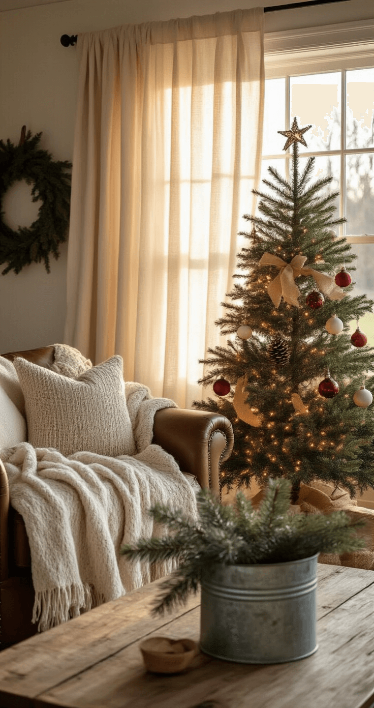 A cozy farmhouse living room bathed in warm golden hour sunlight, featuring a slightly imperfect Christmas tree adorned with warm white LEDs and vintage glass ornaments, a distressed leather armchair with a chunky cream knit throw, and a coffee table topped with a galvanized metal bucket filled with fresh pine sprigs.