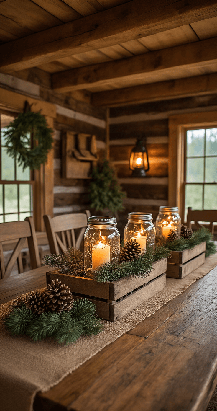 Christmas Home Decor That Actually Works (No Pinterest Fails Here) Eye-level view of a rustic cabin-style dining room at dusk, featuring a farmhouse table adorned with mason jar luminaries, pine cone arrangements, and a burlap table runner. Weathered wooden crates elevate natural greenery displays, while vintage lanterns provide warm, flickering light against reclaimed wood walls. The earth-toned color palette of browns, greens, and golden lighting creates a cozy, mountain lodge ambiance.