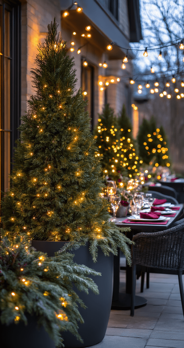 Winter Planters: Create Stunning Outdoor Displays That Thrive in Cold Weather Evening outdoor dining space featuring illuminated winter planters with evergreen arrangements in charcoal metal containers, warm string lights, and a dining table set with winter linens in deep greens, burgundy, and silver, creating a cozy and elegant ambiance.