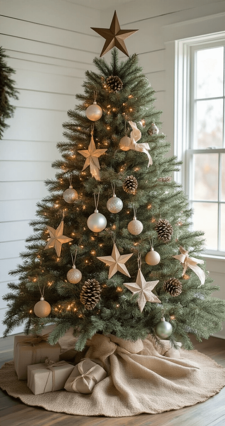 A beautifully styled 7-foot Fraser fir Christmas tree in a rustic wooden collar, adorned with warm white LED lights, wooden star ornaments, and vintage mercury glass baubles in sage and cream, accented with natural pinecones and burlap ribbons, set against a cozy whitewashed shiplap wall illuminated by soft morning light.