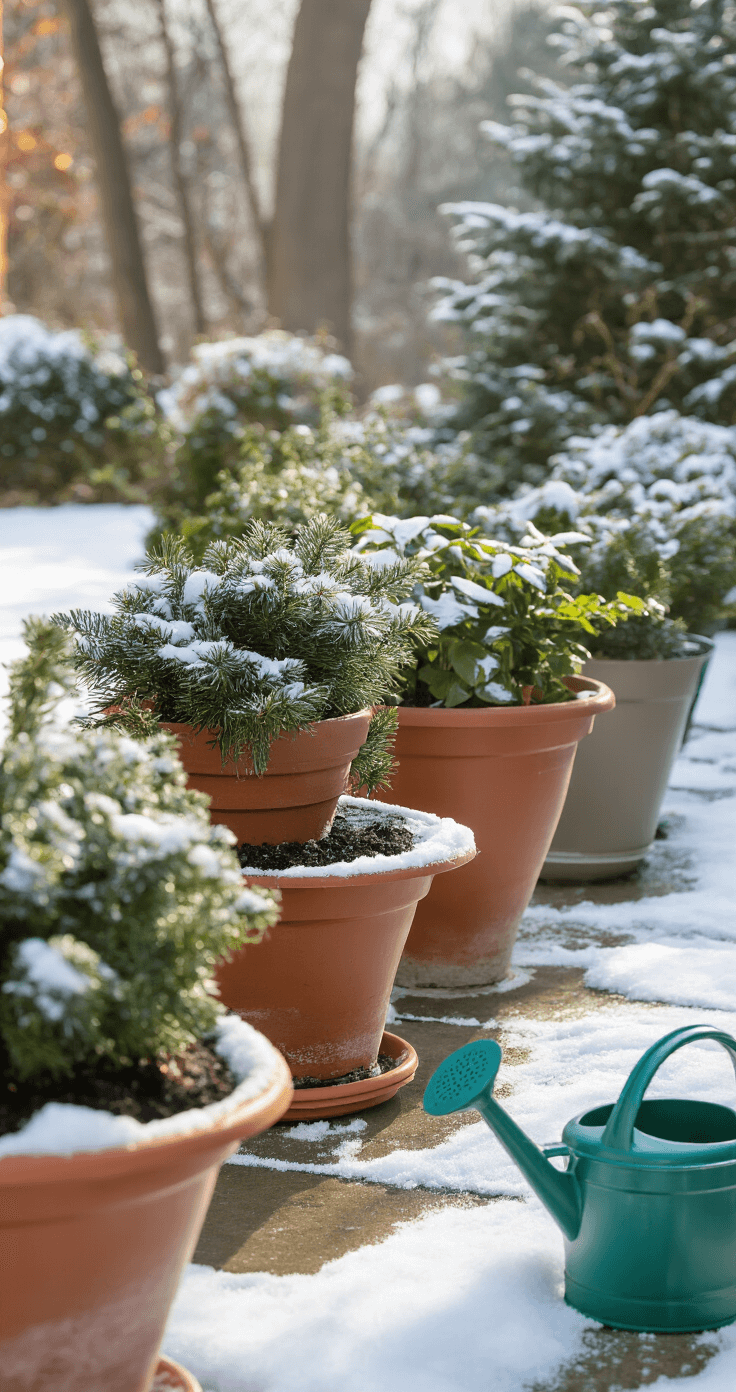 Winter Planters: Create Stunning Outdoor Displays That Thrive in Cold Weather Hands in gardening gloves demonstrate elevating planters on decorative pot feet above a snow-covered flagstone patio, showcasing winter container care techniques. Nearby are evergreen clippings, watering tools, and care supplies, all in bright natural light for clear instructional visibility.