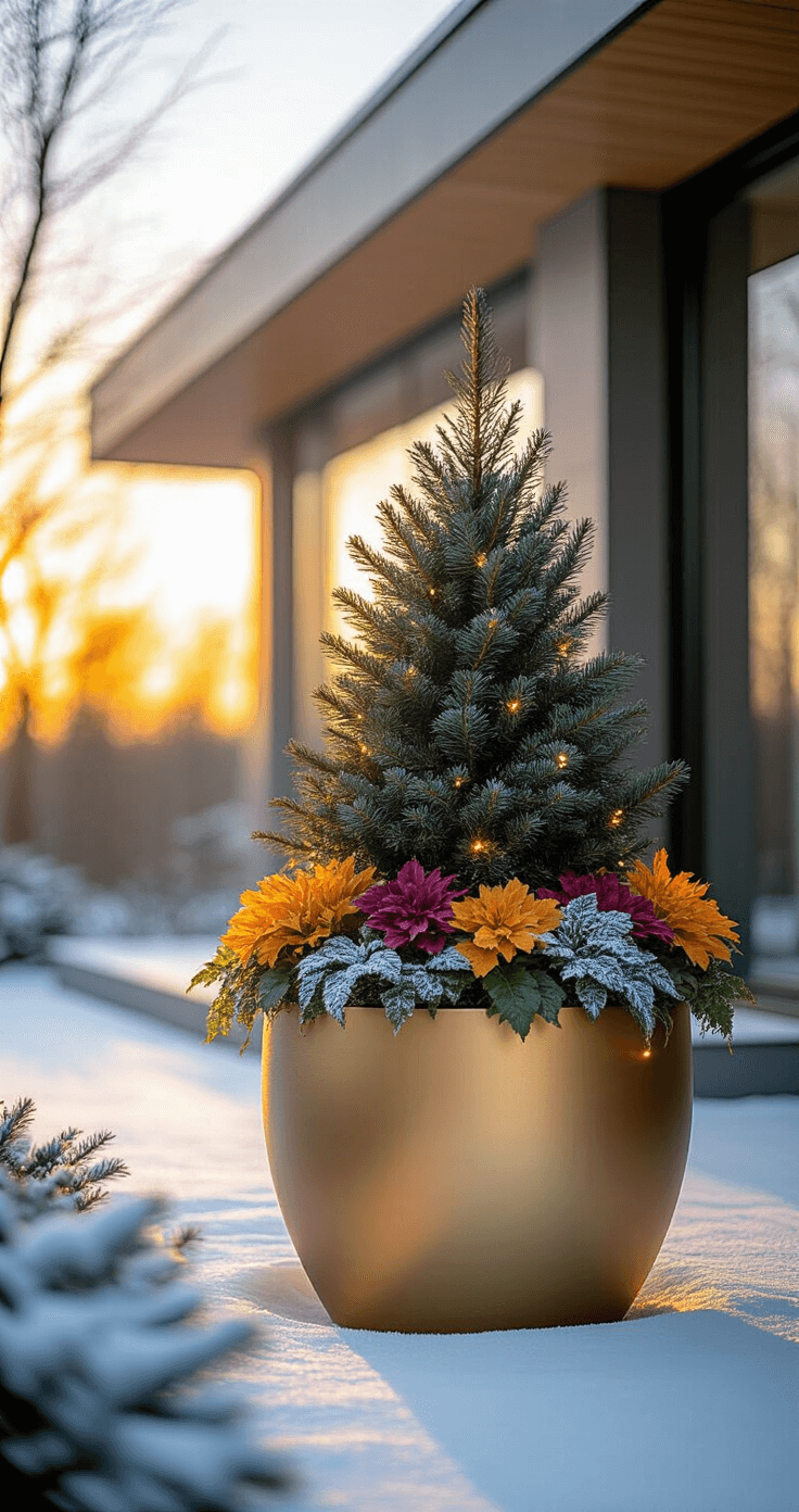 Winter Planters: Create Stunning Outdoor Displays That Thrive in Cold Weather Artistic winter planter design featuring a dwarf spruce, variegated boxwood, and ornamental kale in a sleek fiberglass container, backlit by warm golden hour light against a modern home, casting long shadows on the snow.