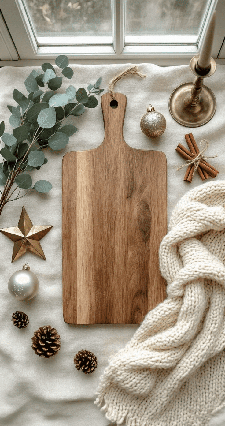 An overhead flat lay of a cream linen backdrop featuring a vintage wooden cutting board surrounded by eucalyptus sprigs, muted mercury glass ornaments, tied cinnamon sticks, a galvanized metal star, and a chunky cream knit scarf, along with scattered pinecones and a vintage brass candlestick, creating a rustic farmhouse Christmas aesthetic in soft natural light.