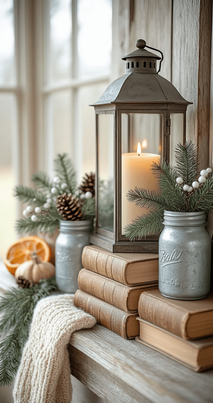 Close-up of a weathered wood mantel adorned with a hurricane lantern and pillar candle, flanked by mason jars of evergreen and white berries, vintage books, galvanized buckets with pinecones, and a cream knit mini stocking. Burlap garland with dried orange slices adds warmth to the cozy, imperfectly styled scene, illuminated by soft afternoon light.