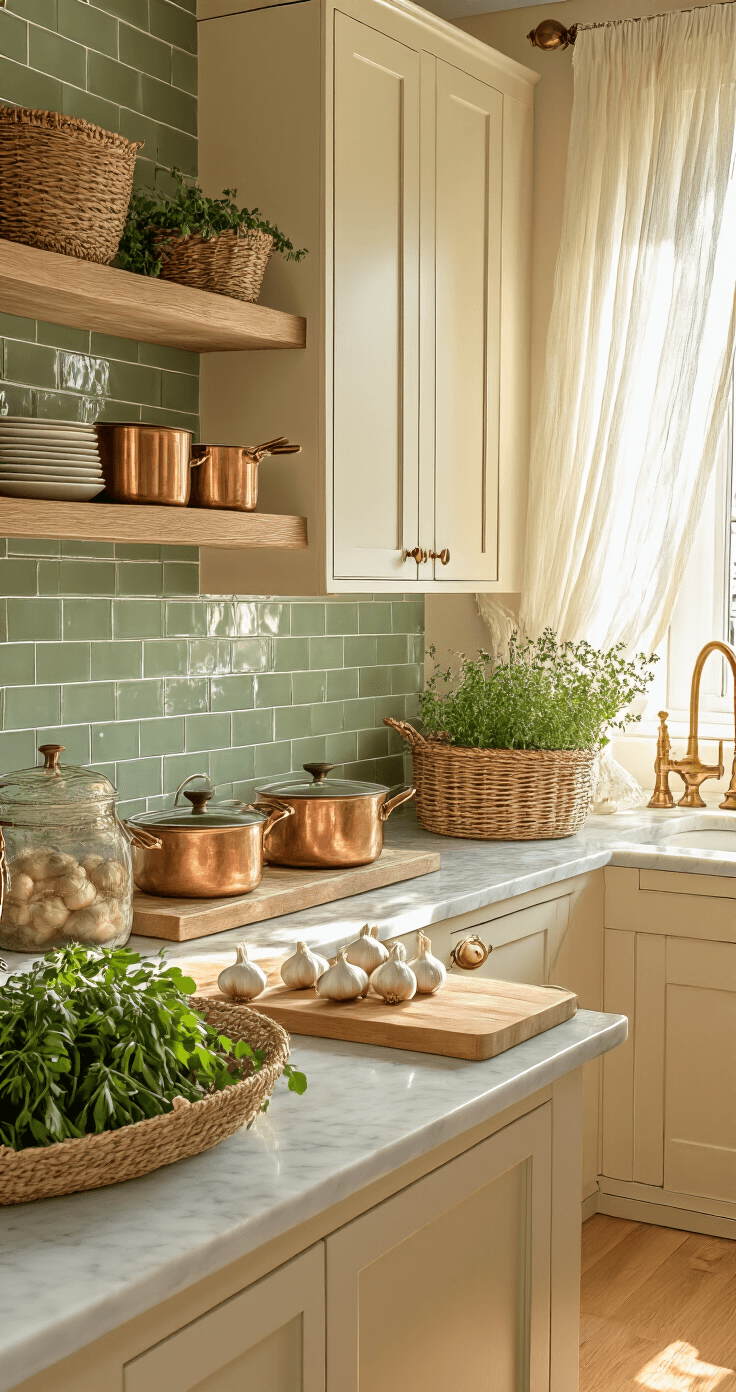 Fall Garlic Planting: The Ultimate Guide to Bumper Harvest A sunlit kitchen featuring cream cabinets and marble countertops, with golden light streaming through sheer curtains, a rustic wooden cutting board with fresh garlic, copper pots on shelves, a sage green subway tile backsplash, woven baskets with herbs, vintage brass fixtures, and warm honey-toned hardwood floors.