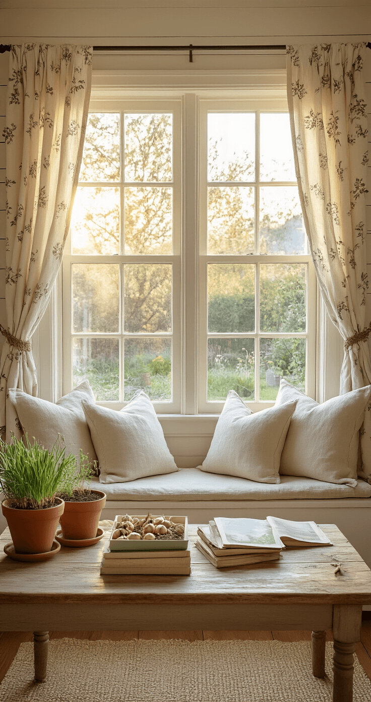Fall Garlic Planting: The Ultimate Guide to Bumper Harvest A cozy living room corner bathed in warm golden hour light, featuring a charming window seat adorned with linen cushions, overlooking a lush garden. A weathered wooden table displays seed packets and gardening books, while terracotta pots with sprouting garlic. Soft natural light filters through botanical print curtains, illuminating cream shiplap walls and a jute rug, alongside a vintage watering can, captured from a low angle for an intimate perspective.