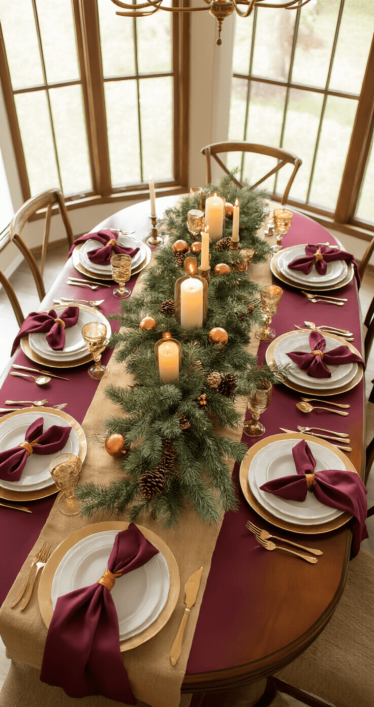 Overhead view of an elegant Christmas dining room featuring an 8-person mahogany table adorned with a deep burgundy tablecloth and gold runner, accented by a lush evergreen centerpiece, LED candles, and copper ornaments, all bathed in warm golden hour light.