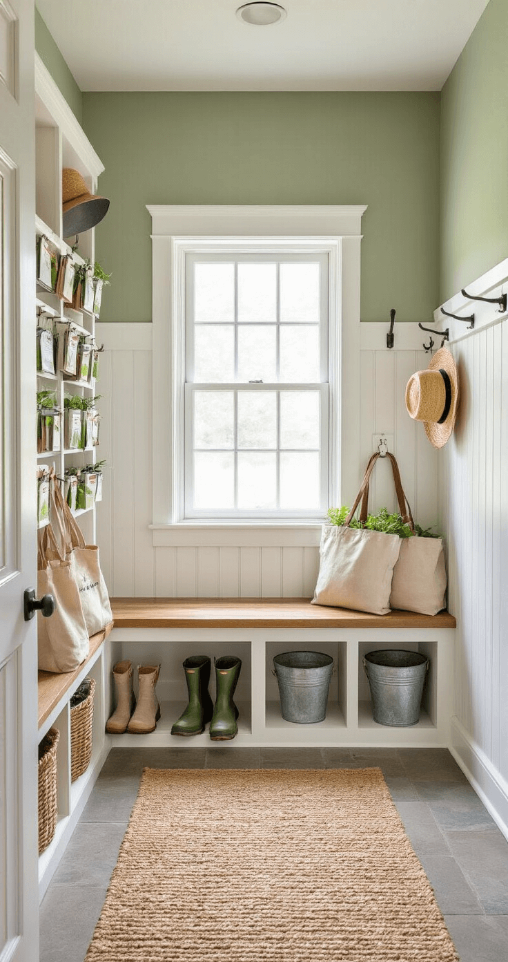 Fall Garlic Planting: The Ultimate Guide to Bumper Harvest Bright mudroom entryway featuring built-in cubbies, a wooden bench with gardening boots and canvas tote bags, and a wall-mounted organizer with seed packets, illuminated by morning light through a frosted glass door, with sage green upper walls, white beadboard wainscoting, and a natural fiber runner.