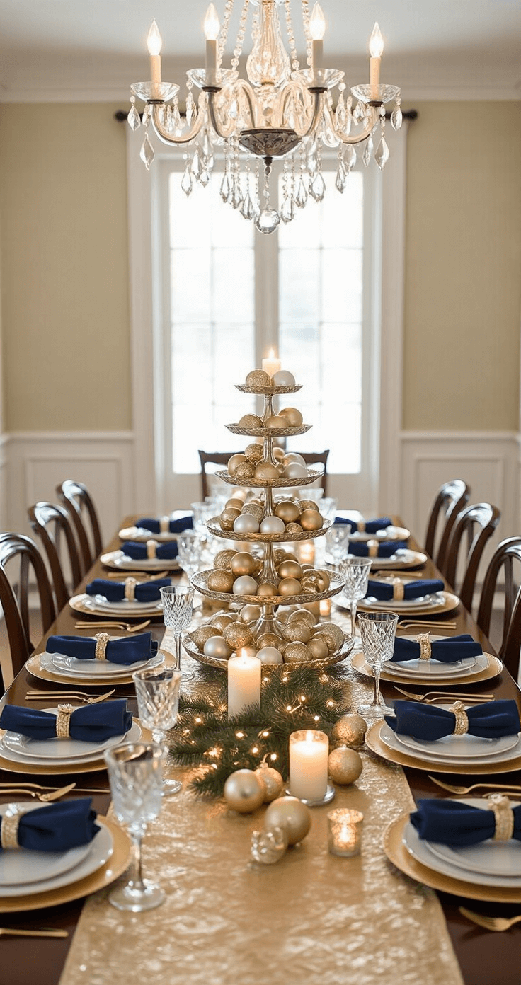 Low angle view of an elegant vintage Christmas tablescape, featuring a mahogany table with a navy tablecloth and gold runner, illuminated by soft candlelight. The scene showcases tiered silver serving pieces adorned with ornaments, crystal wine glasses, white dinner plates on gold chargers, and navy napkins in silver rings, all set in a rich, luxurious dining room atmosphere.