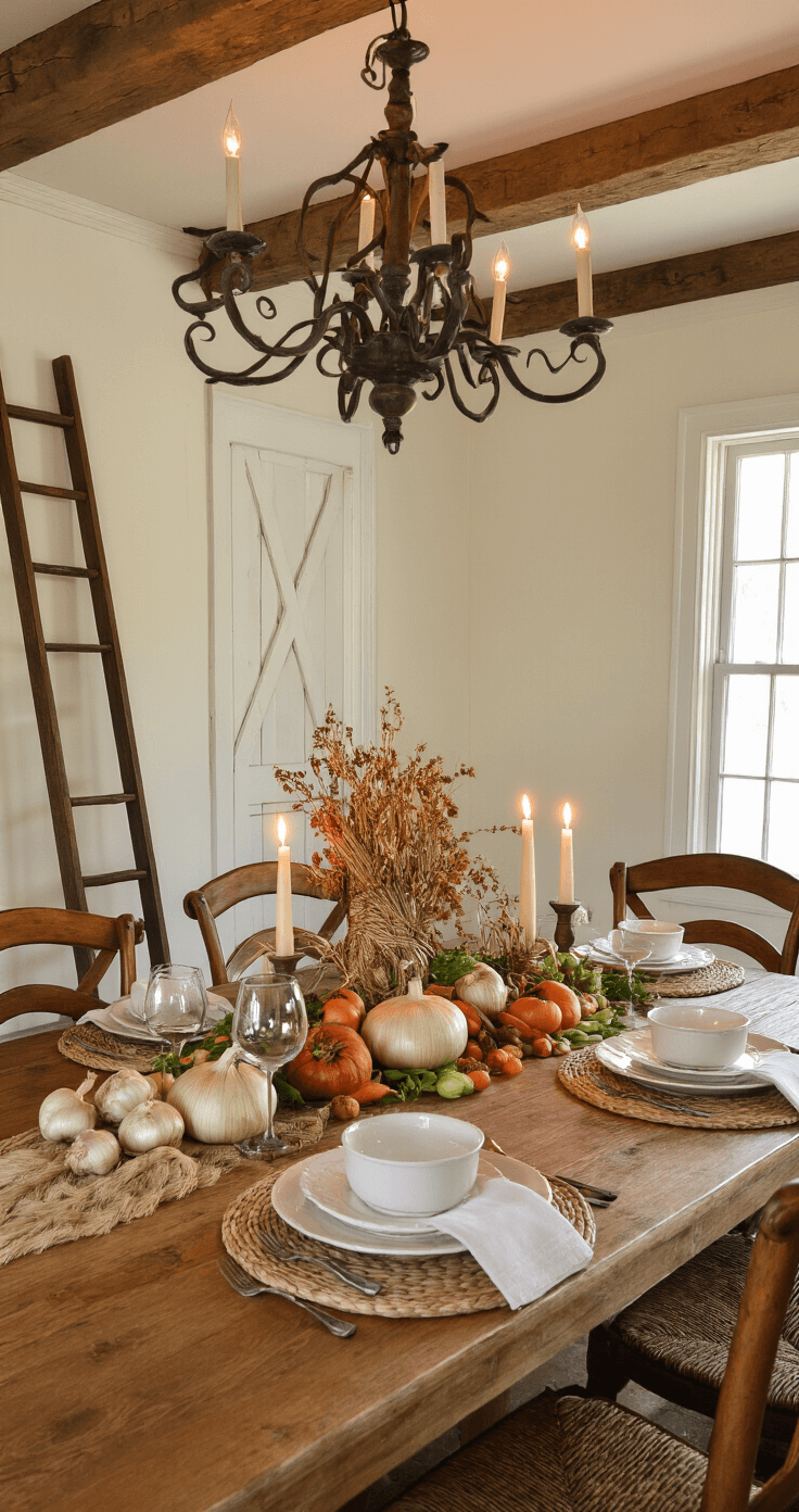 Fall Garlic Planting: The Ultimate Guide to Bumper Harvest Elegant dining room featuring a farmhouse table set for an intimate harvest dinner, illuminated by soft candlelight, with a centerpiece of fresh garlic braids and autumn vegetables, white ceramic dishes, linen napkins, and warm amber lighting, complemented by exposed wooden beams and a wrought iron chandelier.