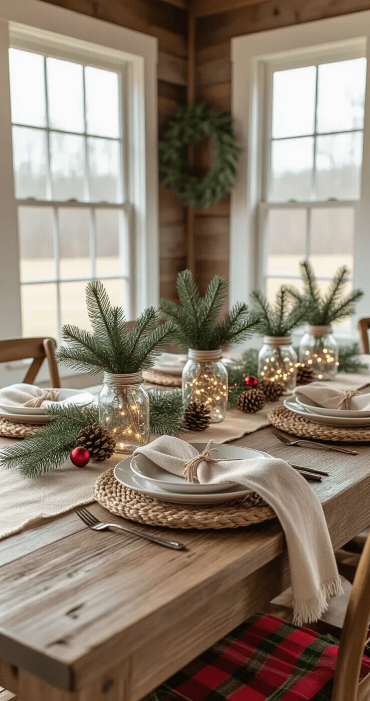 Wide shot of a rustic Christmas dining setup in a farmhouse, featuring a reclaimed wood table with a burlap runner over a red plaid tablecloth, bright morning light, mason jar centerpieces with evergreen sprigs and fairy lights, mismatched vintage plates, woven chargers, twine-tied napkins, and scattered pinecones and red ornaments, conveying a cozy country atmosphere.