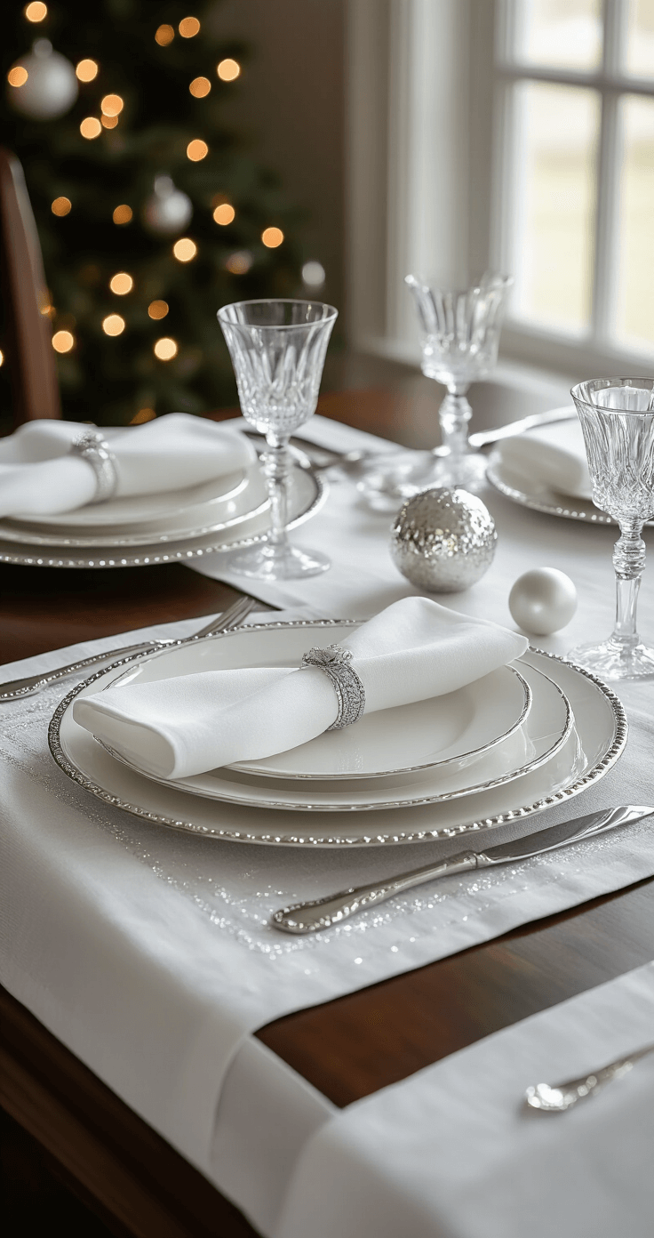 Elegant Christmas place setting on dark walnut table, featuring silver charger plate, white bone china, and a folded napkin with silver ring, illuminated by soft afternoon light, with crystal stemware and silver flatware, accented by a mercury glass tea light holder and a single white ornament.