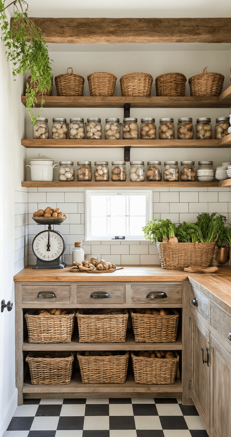 Fall Garlic Planting: The Ultimate Guide to Bumper Harvest A rustic kitchen pantry featuring floor-to-ceiling wooden shelving filled with mason jars of preserved garlic, wicker baskets of root vegetables, and herbs drying from ceiling beams, illuminated by natural daylight from a small window, with white subway tile, butcher block counters, copper accents, checkered floor tiles, and a vintage scale, capturing an organized and farmhouse aesthetic.