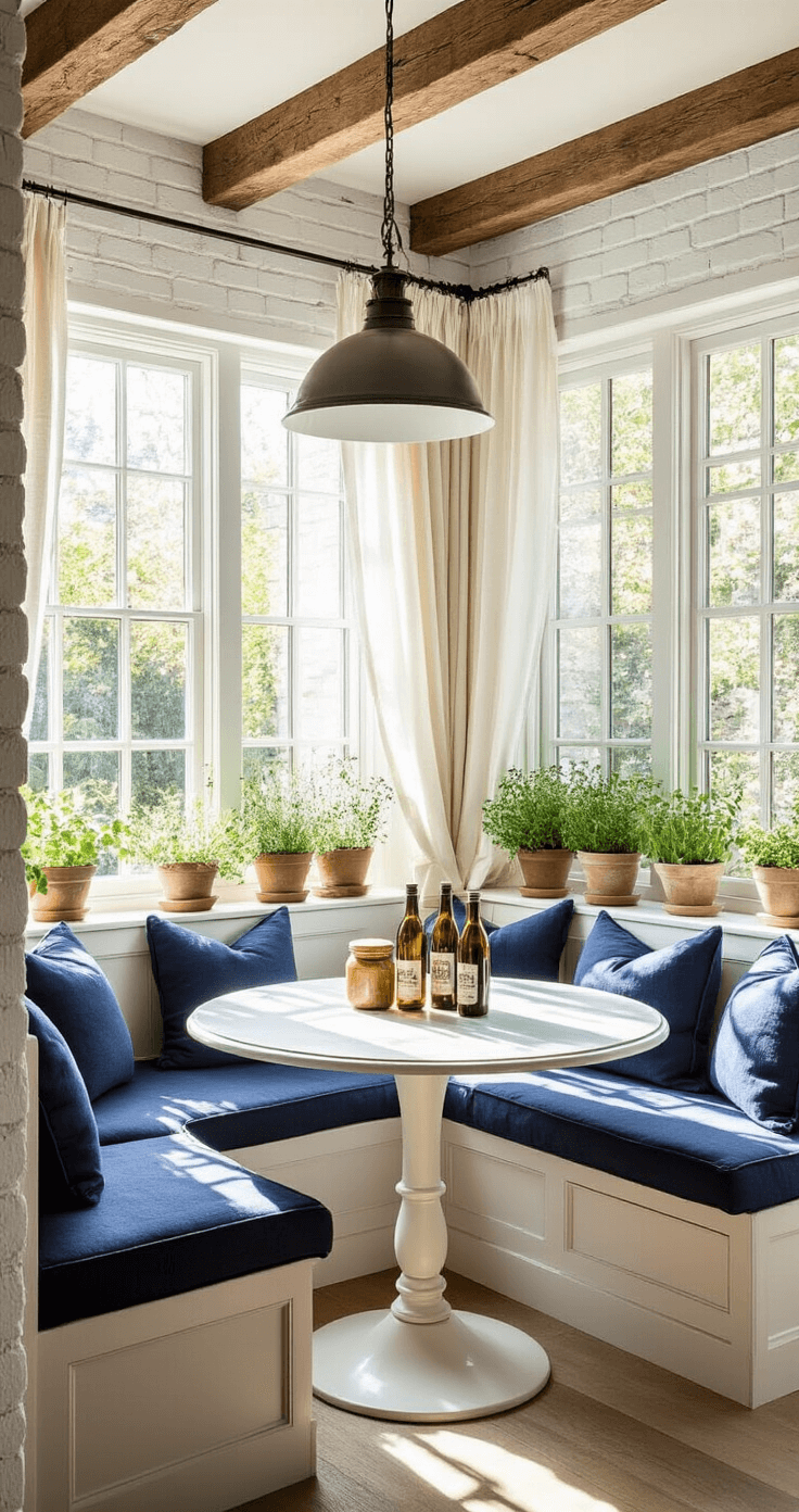 Fall Garlic Planting: The Ultimate Guide to Bumper Harvest Cozy sunlit breakfast nook featuring a built-in banquette with navy blue cushions, a round pedestal table with garlic-infused olive oil bottles, and potted herbs on the windowsill, all framed by white-painted brick walls and natural wood ceiling beams, with a vintage pendant light and linen cafe curtains, creating a bright, airy atmosphere.