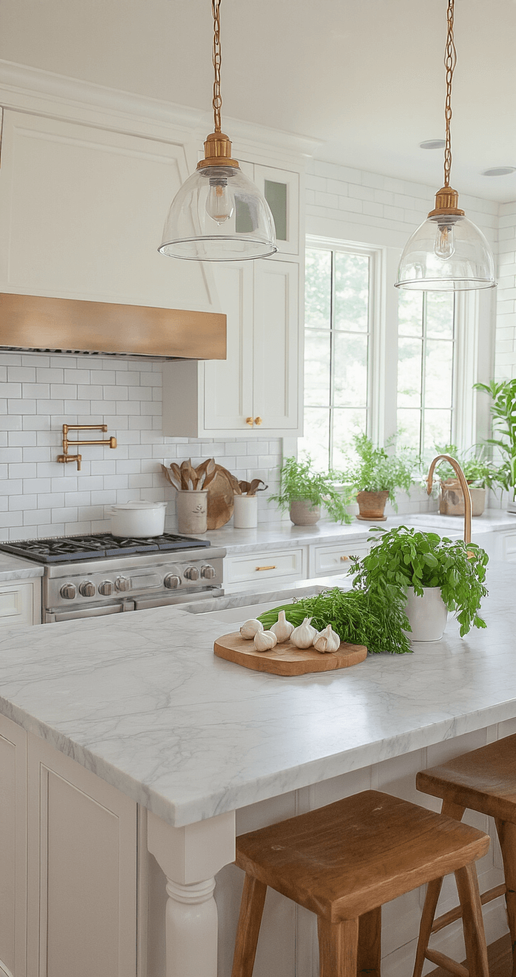 Fall Garlic Planting: The Ultimate Guide to Bumper Harvest Spacious farmhouse kitchen with a marble island, pendant lights, fresh garlic and herbs, white shaker cabinets with brass hardware, wooden bar stools, potted plants, and stainless appliances, illuminated by natural afternoon light.