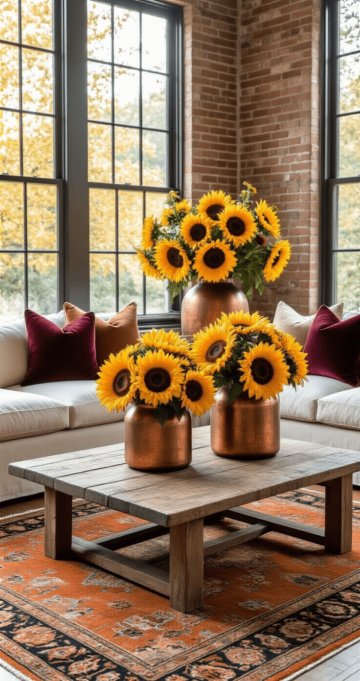 Flower Fall: Your Ultimate Guide to Autumn Floral Magic A cozy autumn living room featuring oversized sunflower arrangements in weathered copper vessels on a reclaimed wood coffee table, with golden afternoon light illuminating a cream linen sofa adorned with burgundy velvet pillows. The exposed brick accent wall complements rich hardwood floors and a vintage Persian rug in deep orange and copper tones.