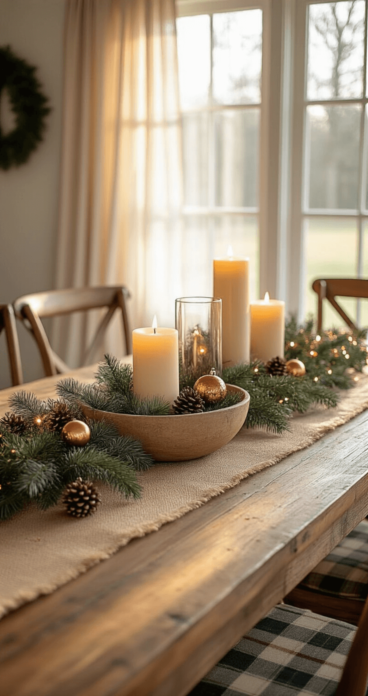 Creating Magical Christmas Table Decor That'll Make Your Guests Go "WOW!" Photorealistic Christmas dining room featuring an 8-foot rustic farmhouse table adorned with fresh pine garland in a wooden bowl, surrounded by natural wood chairs with plaid cushions. Warm golden hour light filters through sheer curtains, highlighting varying height cream pillar candles in glass hurricanes, scattered pinecones, copper ornaments, and warm white fairy lights. The scene is set in a deep forest green, warm gold, and cream color palette, creating an intimate cozy cabin atmosphere.
