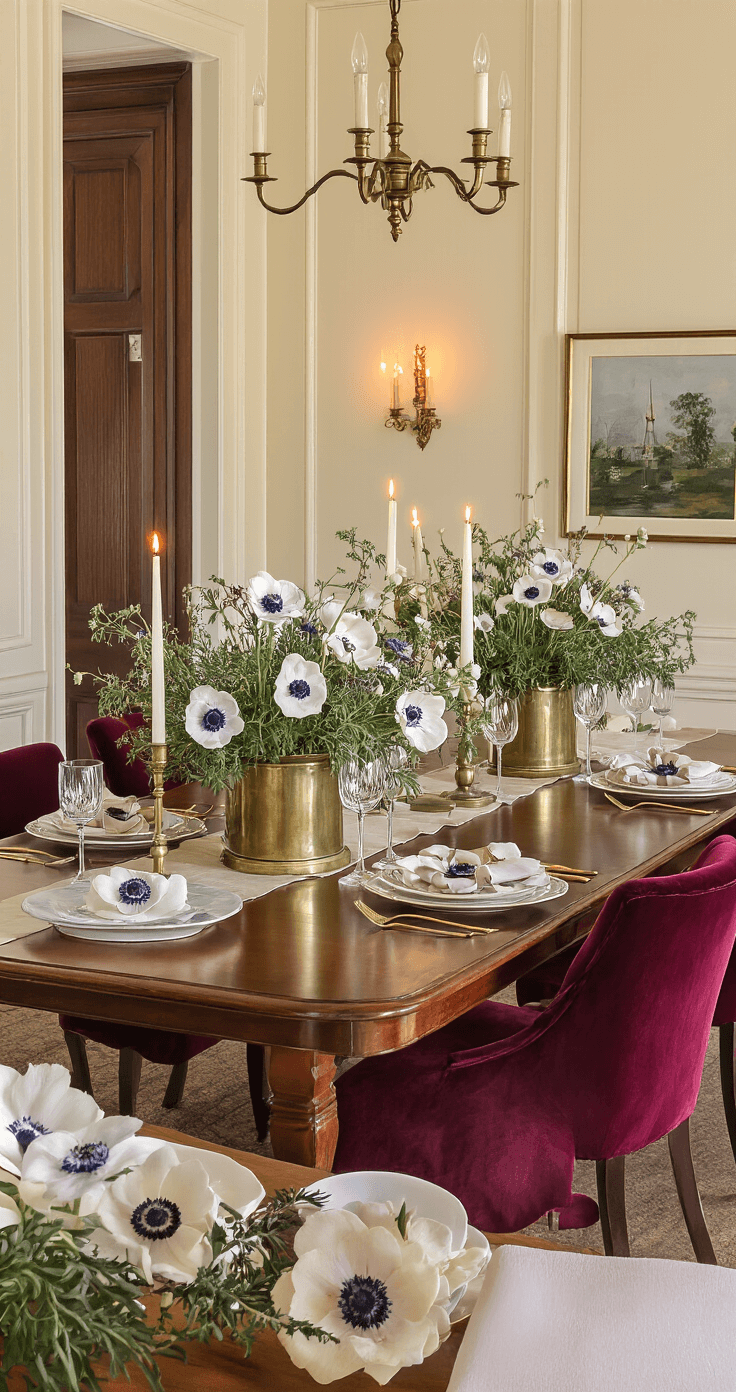 Flower Fall: Your Ultimate Guide to Autumn Floral Magic Elegant dining room with low Japanese anemone and Russian sage centerpieces in vintage brass containers, warm candlelight illuminating a rich mahogany table set for eight, burgundy velvet chairs, cream walls with dark wood wainscoting, and a cozy evening ambiance.