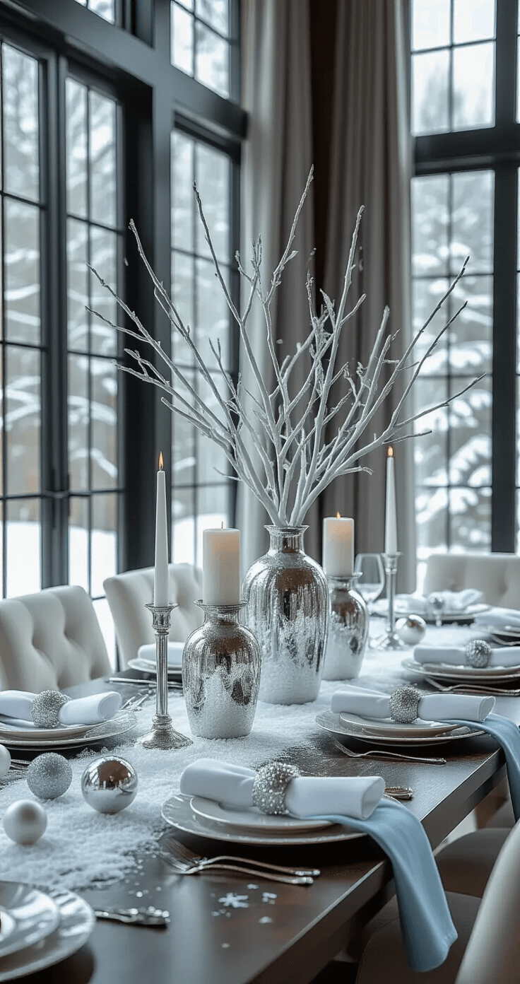 Creating Magical Christmas Table Decor That'll Make Your Guests Go "WOW!" Elegant winter dining setup with a long rectangular table adorned with a frosted branch centerpiece, white candles in glass hurricanes, and icy blue accents, all illuminated by crisp morning light streaming through large windows.