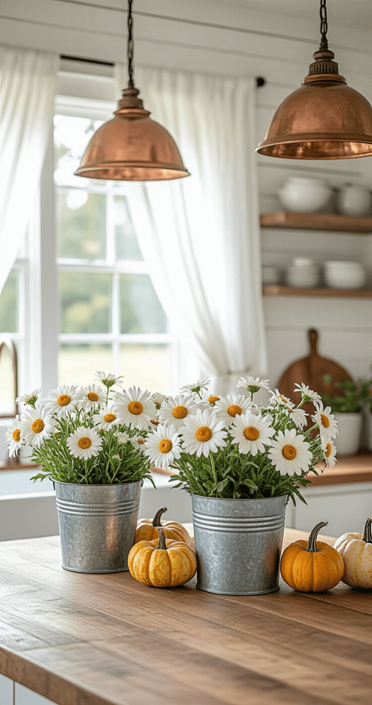 Flower Fall: Your Ultimate Guide to Autumn Floral Magic Rustic farmhouse kitchen island adorned with African daisies and petunias in galvanized metal buckets, basking in morning light through sheer white curtains, surrounded by white shiplap walls and butcher block countertops, complemented by copper pendant lights, seasonal gourds, and vintage brass accents, creating a warm, homey atmosphere.