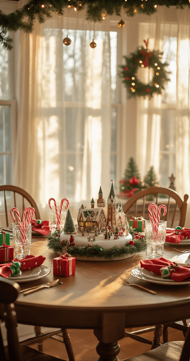 Creating Magical Christmas Table Decor That'll Make Your Guests Go "WOW!" Whimsical Christmas tablescape in a warm kitchen, featuring a round oak table with a miniature village centerpiece, candy cane vases, cookie cutter napkin rings, and colorful ornaments, all lit by golden afternoon light streaming through gauze curtains.