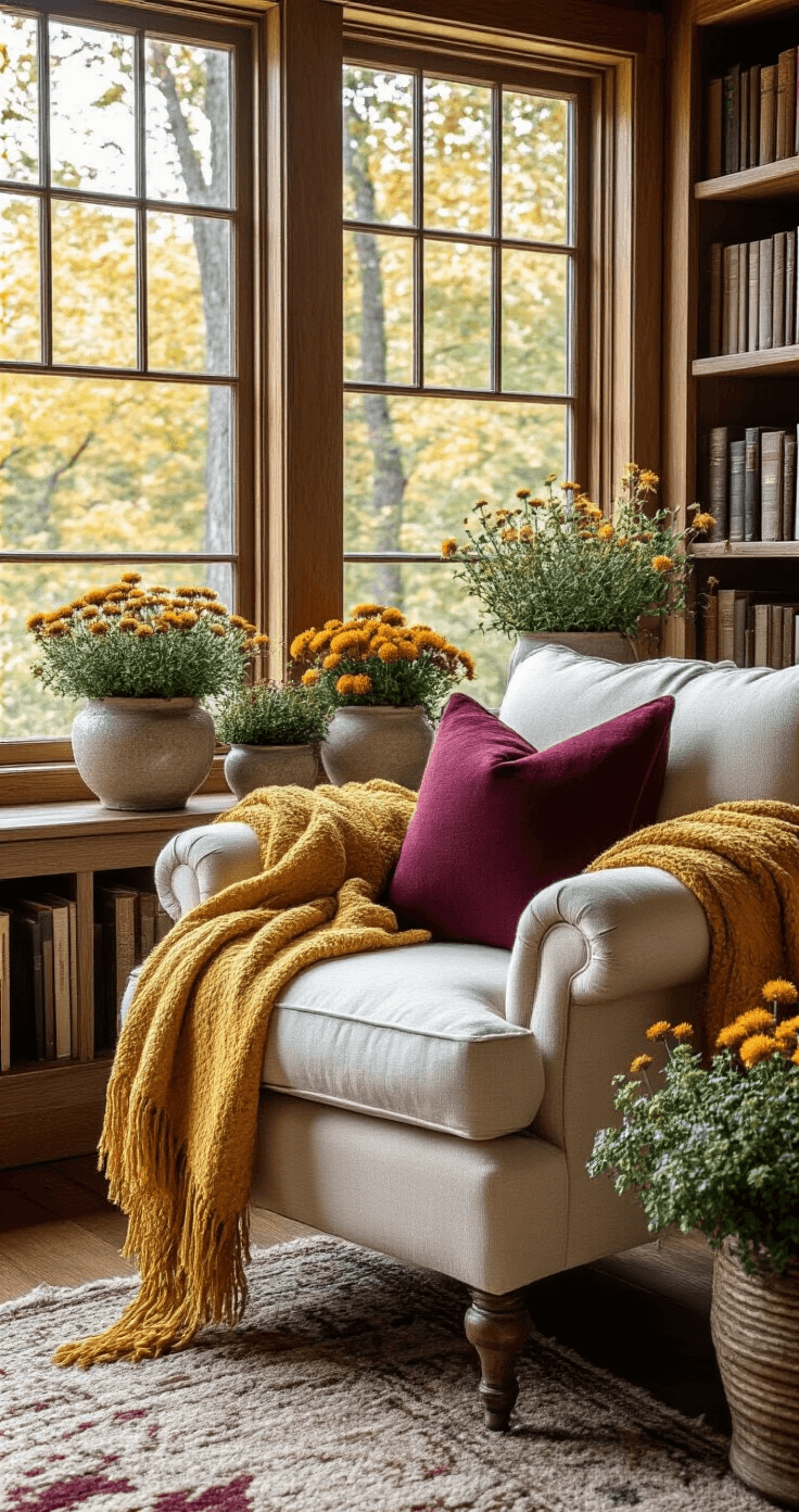 Flower Fall: Your Ultimate Guide to Autumn Floral Magic Cozy autumn reading nook with stonecrop and sedum in ceramic vases on an antique wooden side table, an overstuffed cream armchair draped with a golden yellow throw blanket, built-in bookshelves, and a large window showcasing forest views, illuminated by warm afternoon light, featuring warm wood tones and burgundy accent pillows.