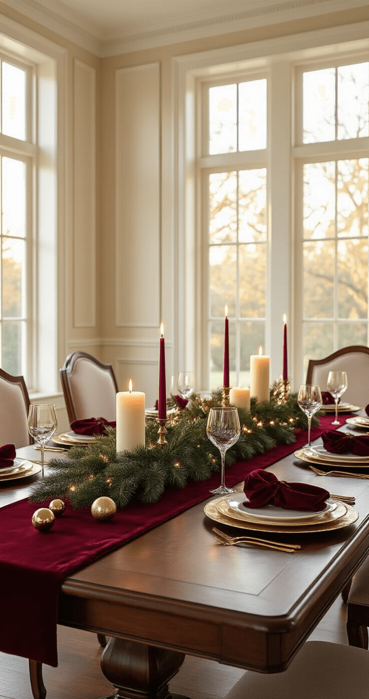 Photorealistic wide-angle view of an elegant dining room with an 8-foot mahogany table adorned with a deep red velvet runner, gold metallic accents, and a garland centerpiece featuring flickering pillar candles, illuminated by warm golden hour light streaming through tall windows. The table is set with rich burgundy napkins, gold charger plates, and scattered glass ornaments, while soft shadows dance across cream walls with crown molding.