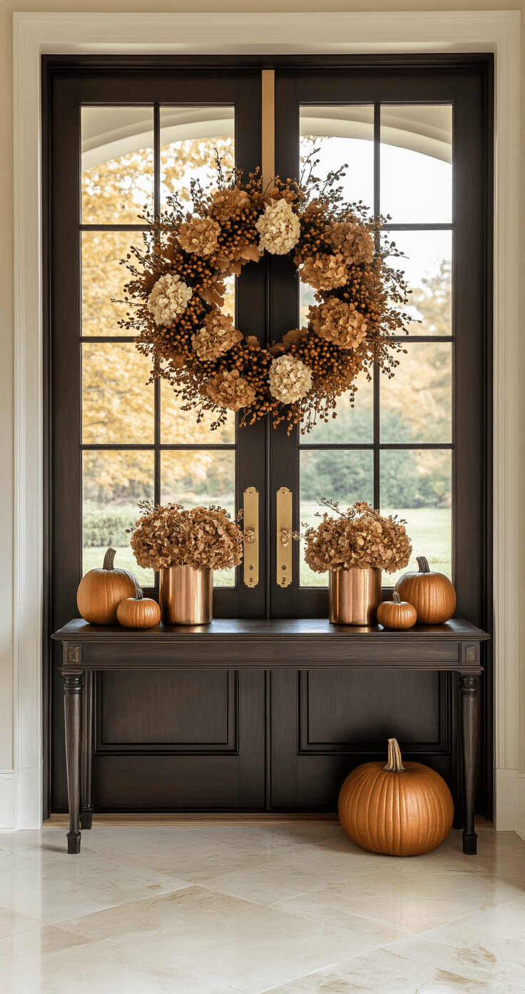 Flower Fall: Your Ultimate Guide to Autumn Floral Magic Grand entryway with a dark wooden door adorned with a dramatic fall wreath of dried hydrangeas, berry branches, and mini pumpkins; features symmetrical console styling with matching copper vessels filled with butterfly bush, set against marble floors and cream walls, illuminated by natural light from sidelights, creating a welcoming luxurious autumn atmosphere.
