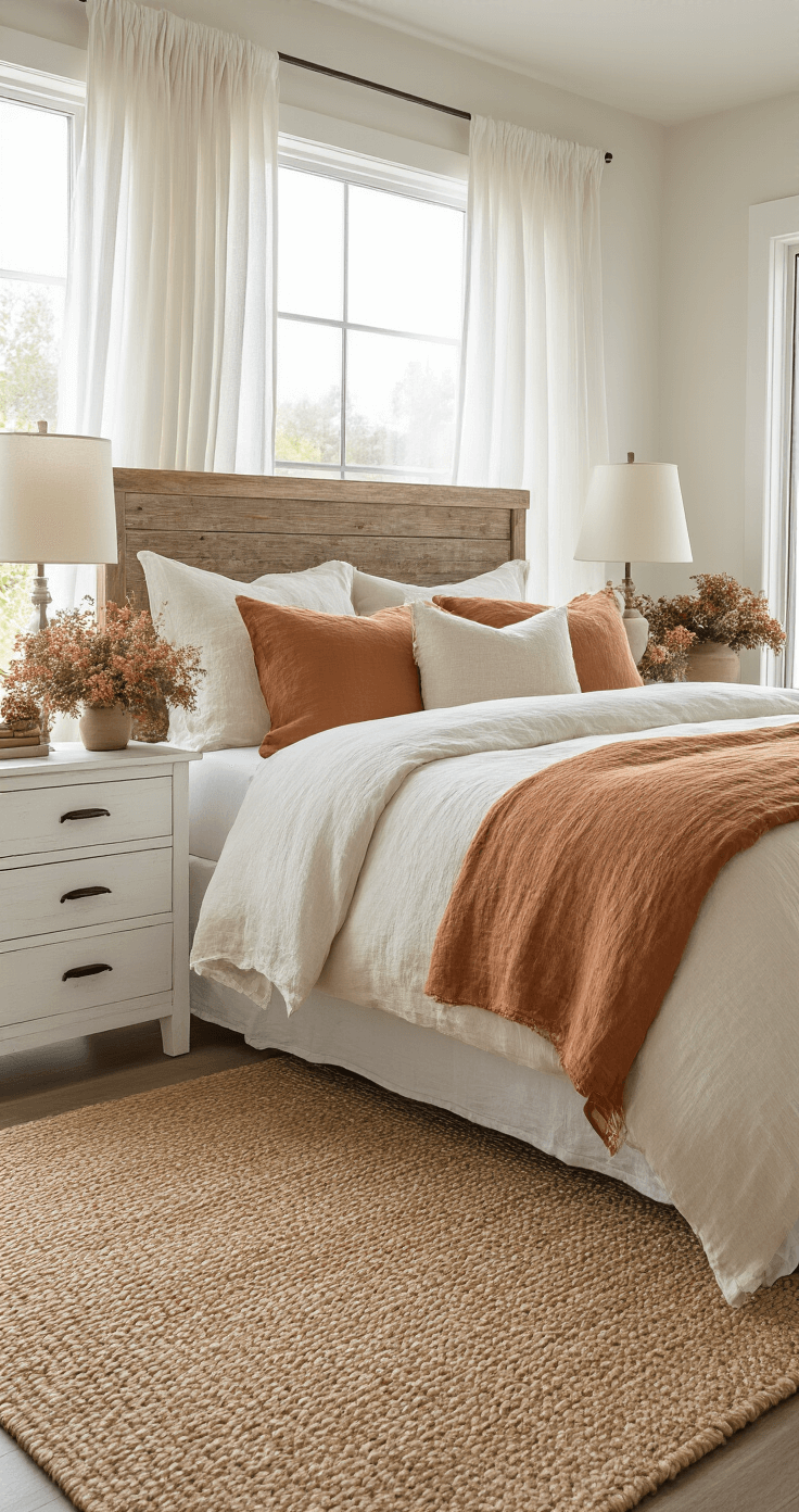 Flower Fall: Your Ultimate Guide to Autumn Floral Magic Spacious master bedroom featuring sedum and aster arrangements on whitewashed nightstands, cream and copper linen bedding, a reclaimed wood headboard, woven jute rug, and large windows draped with flowing white curtains, all bathed in soft morning light with a neutral palette and warm autumn accents.
