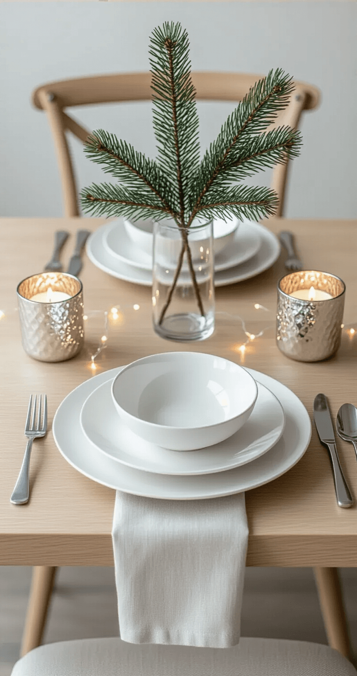 Intimate overhead view of a minimalist Christmas tablescape featuring white ceramic dishes, silver candle holders, and an evergreen branch in a glass vase, set on a white oak dining table with soft daylight and string lights.