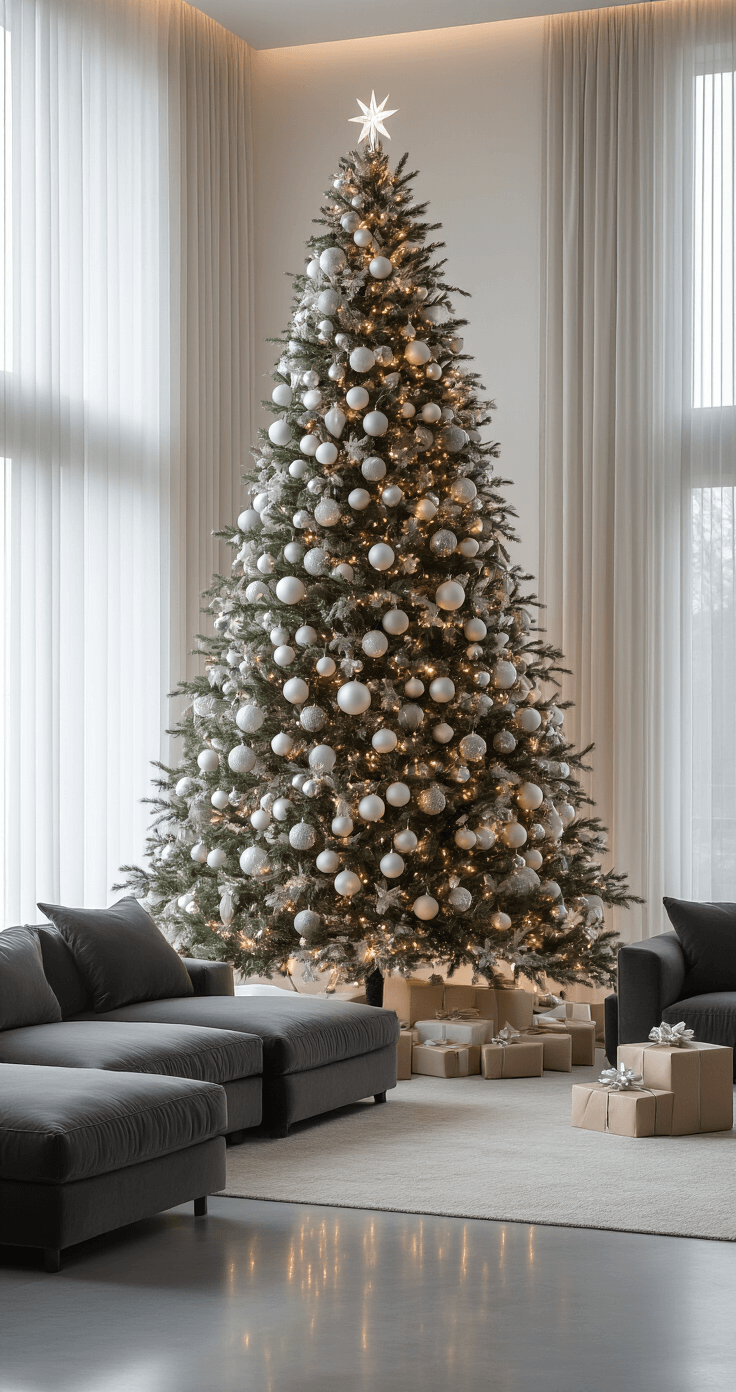 Luxurious living room with a 7-foot Christmas tree adorned with white, silver, and gray baubles, geometric brown paper ornaments, and warm white string lights, featuring a charcoal velvet sectional sofa, polished concrete floors, and floor-to-ceiling windows with sheer curtains letting in soft winter daylight.
