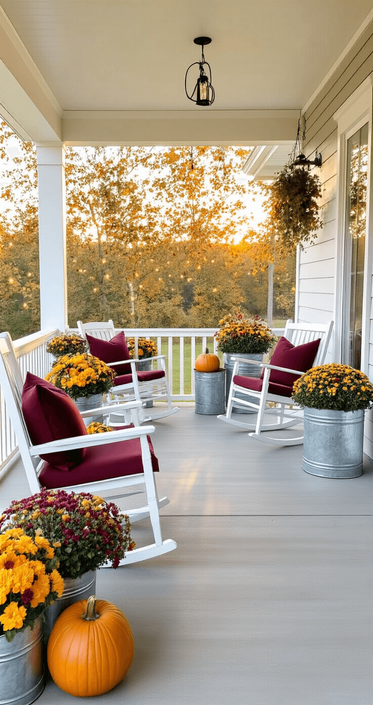 Flower Fall: Your Ultimate Guide to Autumn Floral Magic A cozy modern farmhouse porch with mixed fresh and faux fall flower arrangements in vintage galvanized containers, white rocking chairs with burgundy cushions, shiplap walls, and concrete floors, all illuminated by golden hour lighting, adorned with pumpkins, lanterns, and string lights.
