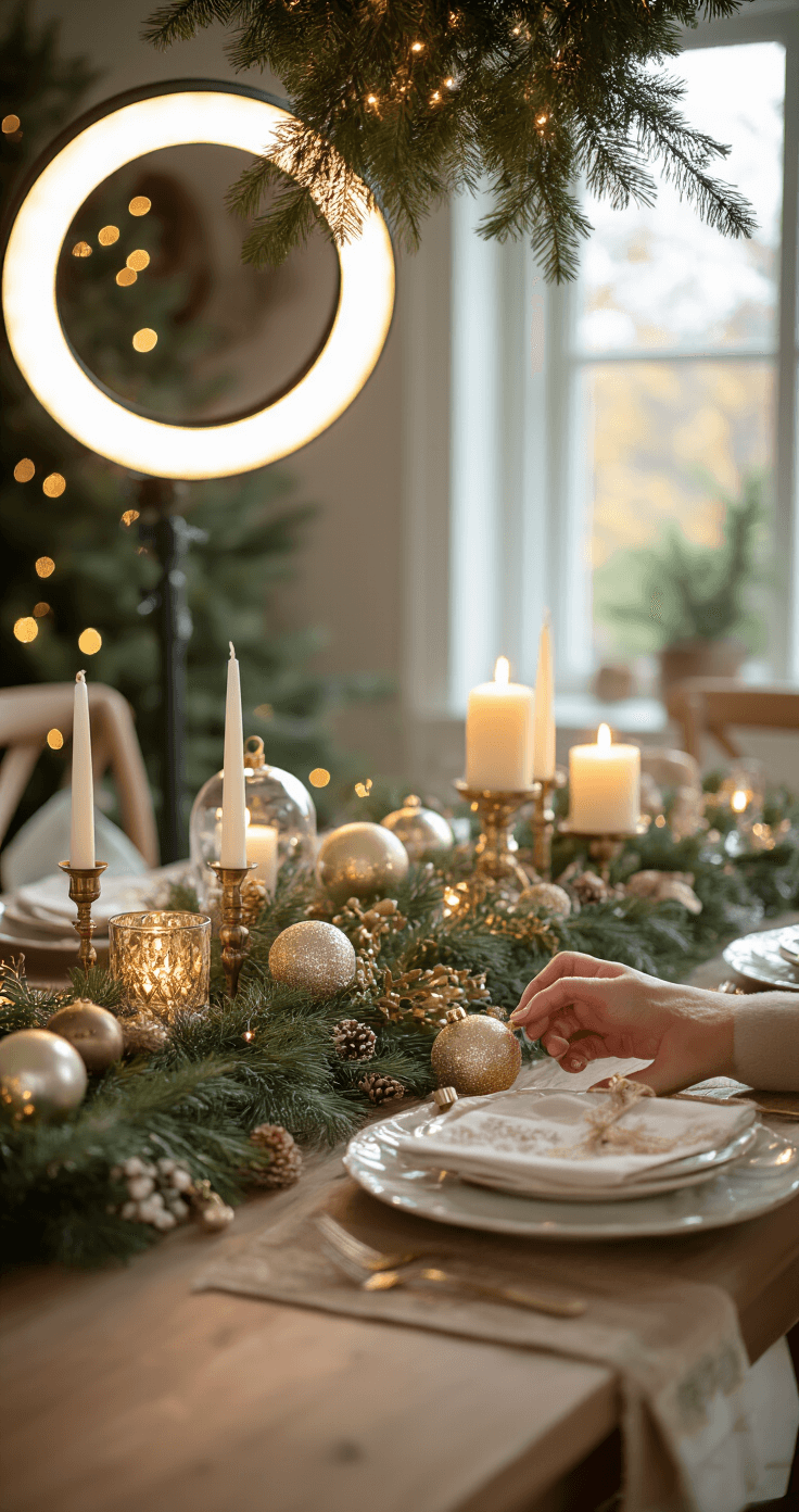 A professional lighting setup highlights a Christmas table styling process, featuring a ring light overhead and natural window light alongside. The table displays a work-in-progress arrangement of ornaments, candle holders, and greenery, with a stylist's hands captured in action. The golden hour creates ideal conditions, emphasizing foreground details against a softly blurred dining room background.