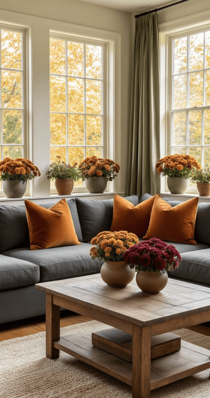 Cozy mid-century modern living room featuring fall planter arrangements on windowsills and side tables, with warm oak floors, cream walls, and large picture windows. A rustic wooden coffee table holds ornamental kale and burgundy chrysanthemums in weathered ceramic planters. Burnt orange throw pillows adorn a charcoal sectional sofa, while sage green curtains frame the windows, all illuminated by golden afternoon light.