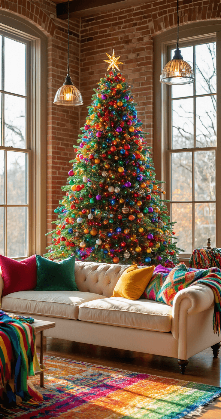 Cozy family room with a vibrant rainbow-themed Christmas tree adorned with multicolored lights and bright baubles, a cream fabric sofa with jewel-toned pillows, and a Persian rug, illuminated by warm sunlight through large windows and pendant lighting against an exposed brick wall.
