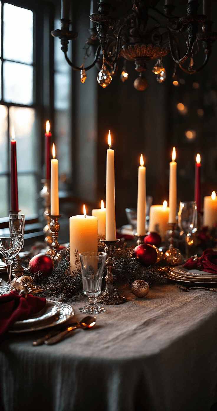 Dramatic low-angle view of a candlelit Christmas dinner table with pillar candles of varying heights casting warm light in a dark room, featuring a deep red and gold color scheme with metallic ornaments, an overhead chandelier dimmed for intimacy, and shadows playing across a textured linen tablecloth and reflective wine glasses and silverware.