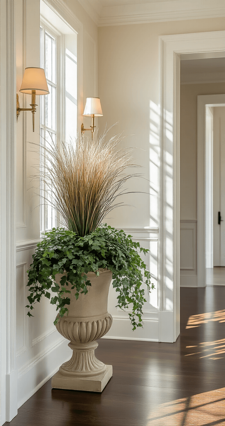 Elegant entryway foyer with a low-angle view showcasing a dramatic fall planter display on a console table, featuring ornamental grasses and cascading ivy. The spacious 12-foot ceiling, dark hardwood floors, and white wainscoting are accentuated by morning light streaming through a frosted glass door, creating geometric shadows. The color palette includes cream, gold, and deep forest green, captured in a professional real estate photography style.