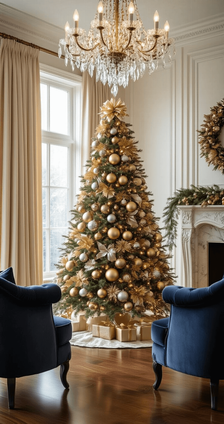 An elegant formal living room featuring a sophisticated Christmas tree adorned in gold, silver, and bronze ornaments, with lush green branches and a warm ambient glow from a chandelier above. Luxury velvet armchairs in deep navy flank the tree, set against a marble fireplace and framed by cream silk curtains, all on rich mahogany flooring.