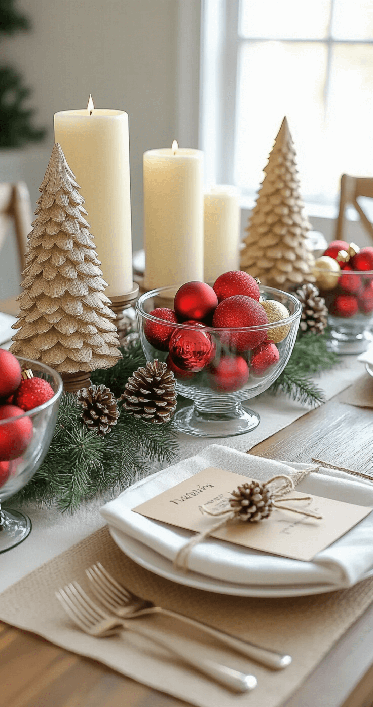Budget-friendly Christmas tablescape featuring a centerpiece of glass bowls with red and gold ornaments, grouped pillar candles, and DIY pinecone trees. The setting includes kraft paper place cards and twine-tied napkin bundles, all arranged for a luxurious look using inexpensive materials in bright natural lighting.