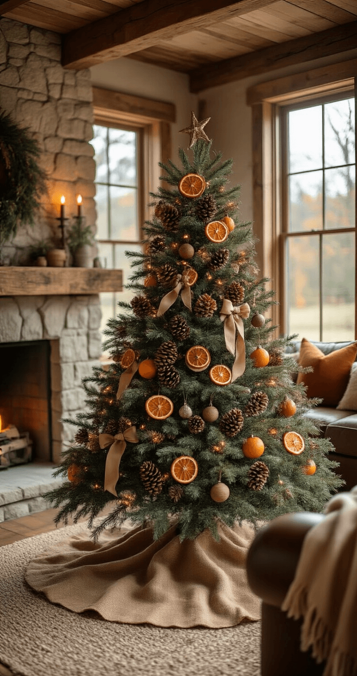 Close-up angled shot of a rustic living room featuring a nature-inspired Christmas tree adorned with pinecones, dried orange slices, and wooden ornaments, surrounded by a burlap skirt. Warm afternoon light illuminates the reclaimed wood floors and stone fireplace, while a distressed leather sofa and mason jar sconces enhance the cozy atmosphere. Earthy color palette of browns, oranges, greens, and cream.