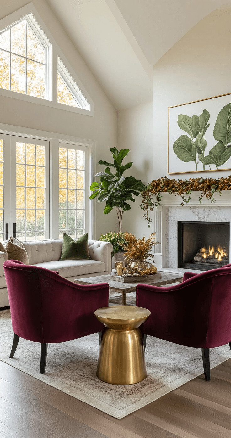 Sophisticated living space with vaulted ceilings, featuring a marble fireplace and neutral furniture complemented by deep burgundy velvet chairs, gold side tables, and sage green botanical prints. Large floor planters with ornamental kale and trailing plants are placed near French doors, while afternoon sunlight highlights the contrast between rich jewel tones and cream walls.