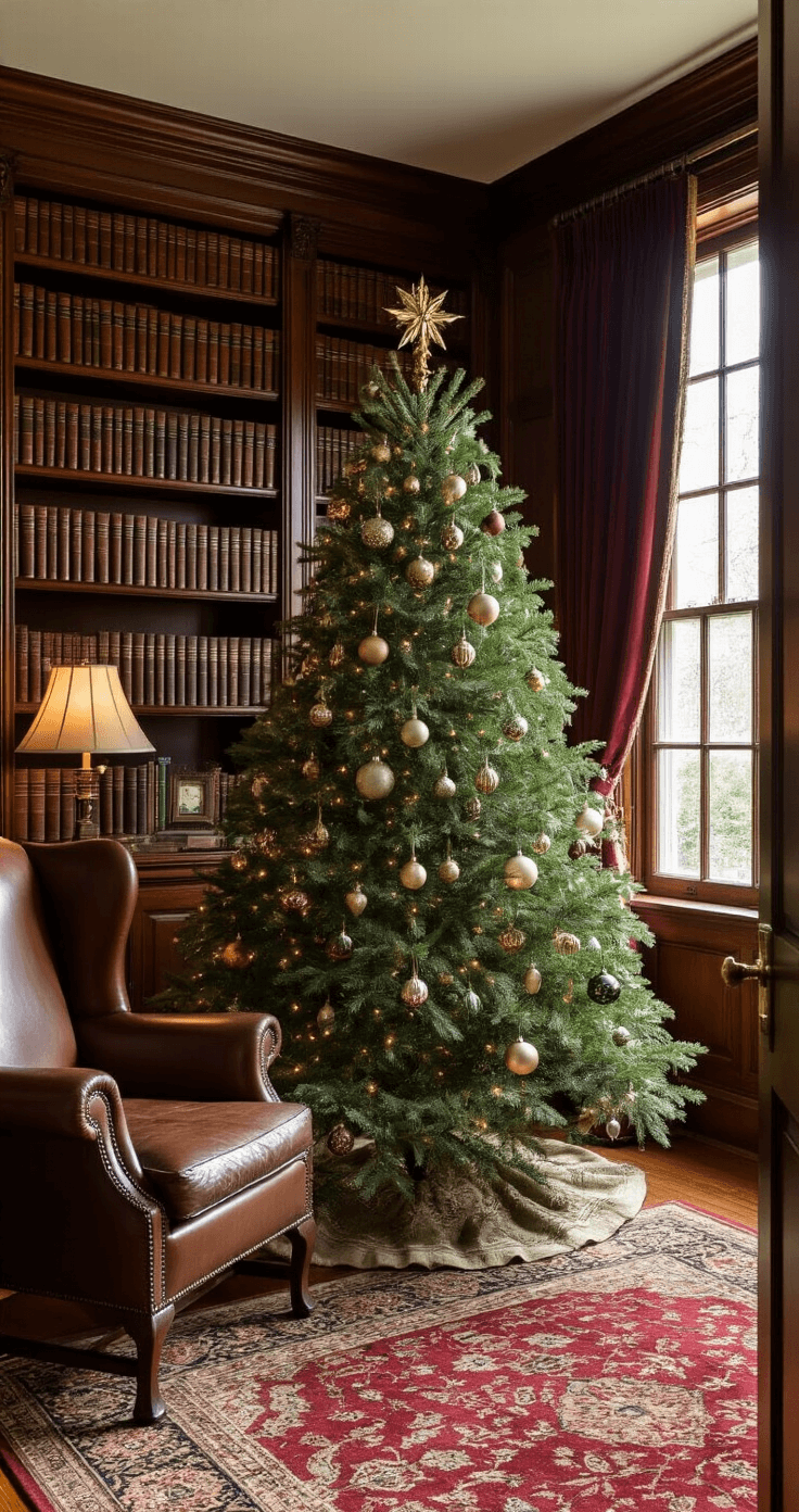 A sophisticated study featuring a vintage-inspired Christmas tree adorned with glass ornaments, muted jewel-toned baubles, and an antique brass topper, surrounded by mahogany bookshelves filled with leather-bound books, a Persian carpet, and a worn leather wingback chair, all illuminated by warm light.