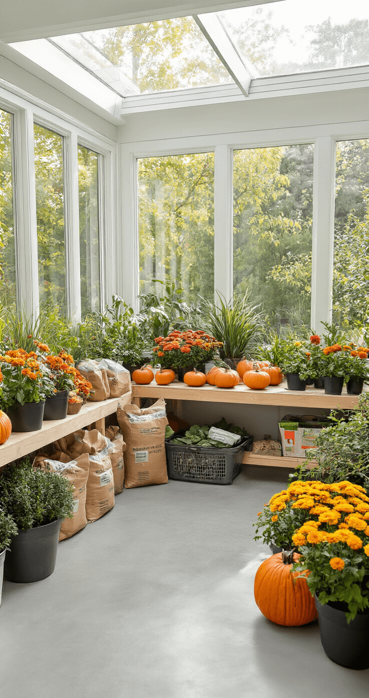 Bright garden room workspace with glass walls featuring a potting bench organized with gloves, soil, autumn plants, and pumpkins. Overhead and side camera angles capture the planting process, highlighting ornamental grasses, mums, and trailing ivy in a clean, educational style.