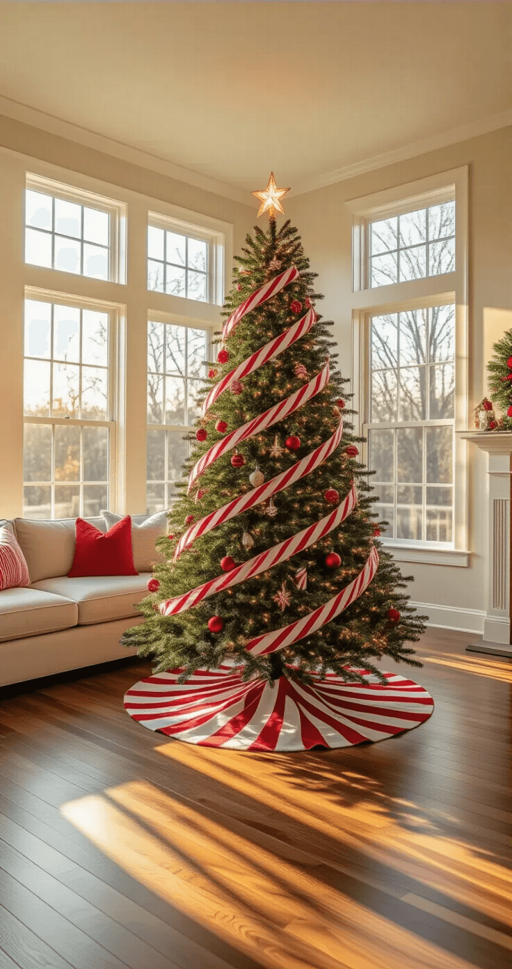 My Sweet Success with a Candy Cane Christmas Tree: From Hot Mess to Holiday Magic Wide-angle view of a cozy living room at golden hour, featuring a 7-foot Fraser fir Christmas tree wrapped in red-white striped ribbon. Warm sunlight floods through a large window, casting soft shadows on gleaming hardwood floors. A modern cream linen sectional sofa is visible in the background, enhancing the vintage holiday charm.