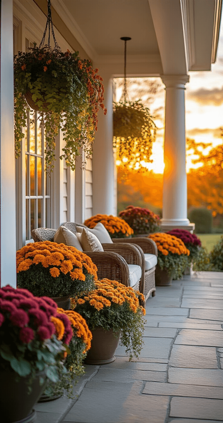 Stunning outdoor-to-indoor transition with fall arrangements on a covered porch, featuring wicker furniture, stone flooring, and layered planters of ornamental kale and chrysanthemums illuminated by warm sunset light.