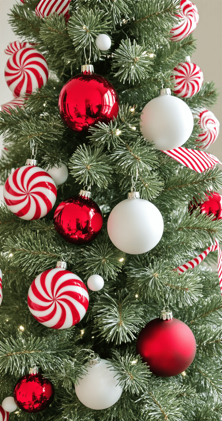 My Sweet Success with a Candy Cane Christmas Tree: From Hot Mess to Holiday Magic Close-up detail of Christmas tree middle section featuring glossy red and matte white ornaments, oversized peppermint swirls, and striped ribbon against rich green Fraser fir needles, captured in morning natural light.
